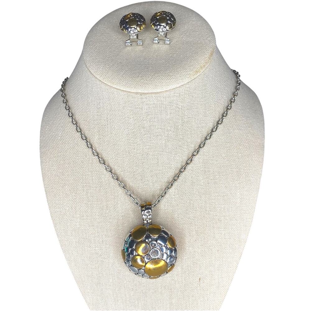 Vintage Silver & Gold Toned Necklace, Pendant and Earrings Set - Round Pebble